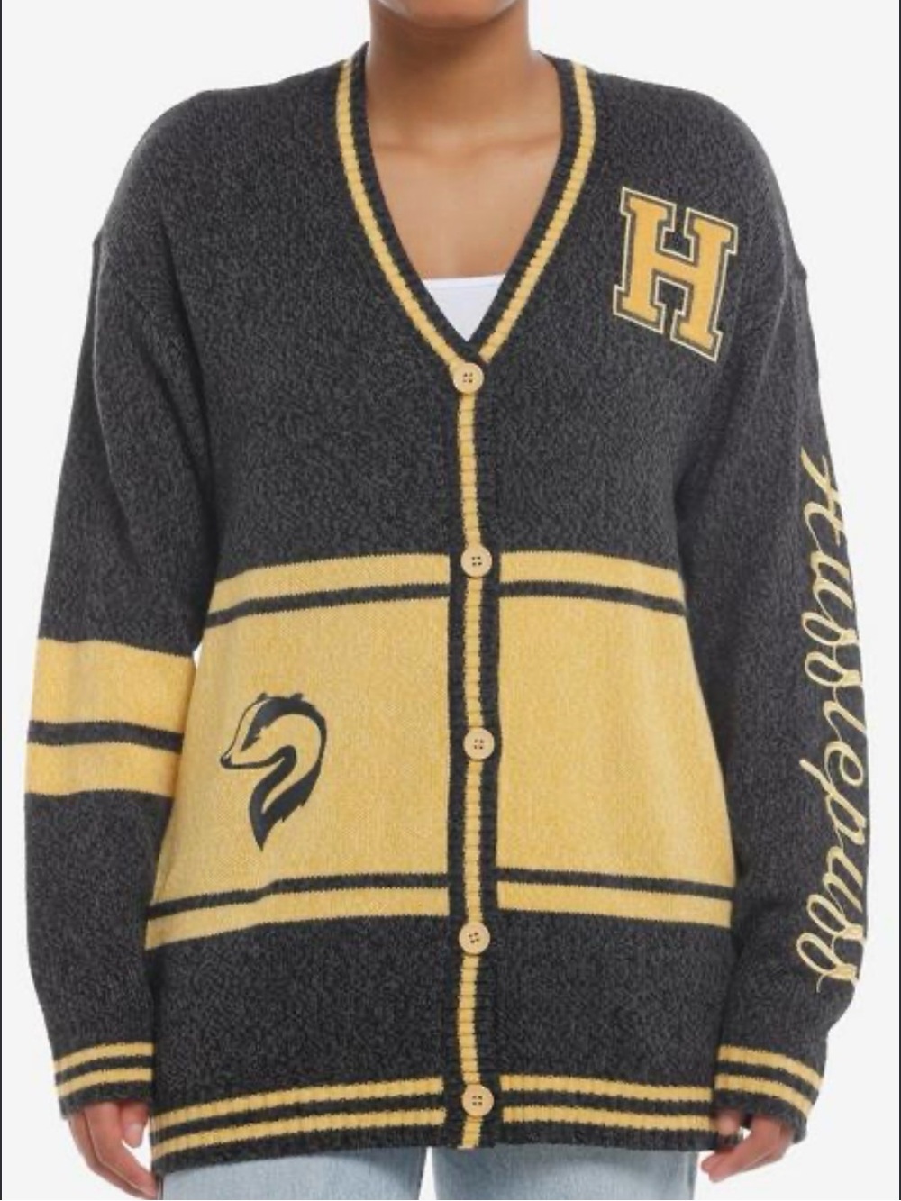 Harry Potter Girl’s Hufflepuff Varsity Cardigan Small Hot Topic Gray Yellow EUC